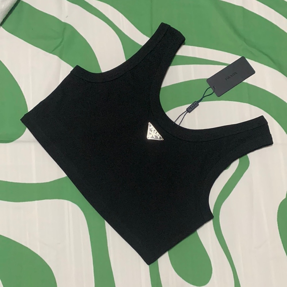Prada Black Cropped Tank with Silver Triangle Logo